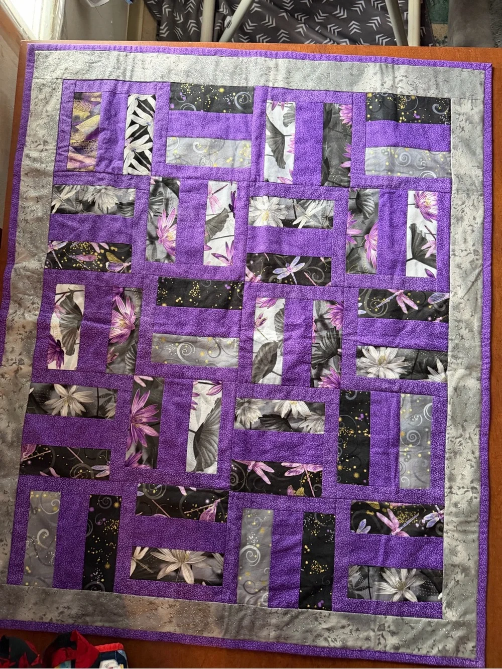 Purple Sparkle Grey Floral Patchwork Quilt - Baby Size Quilt